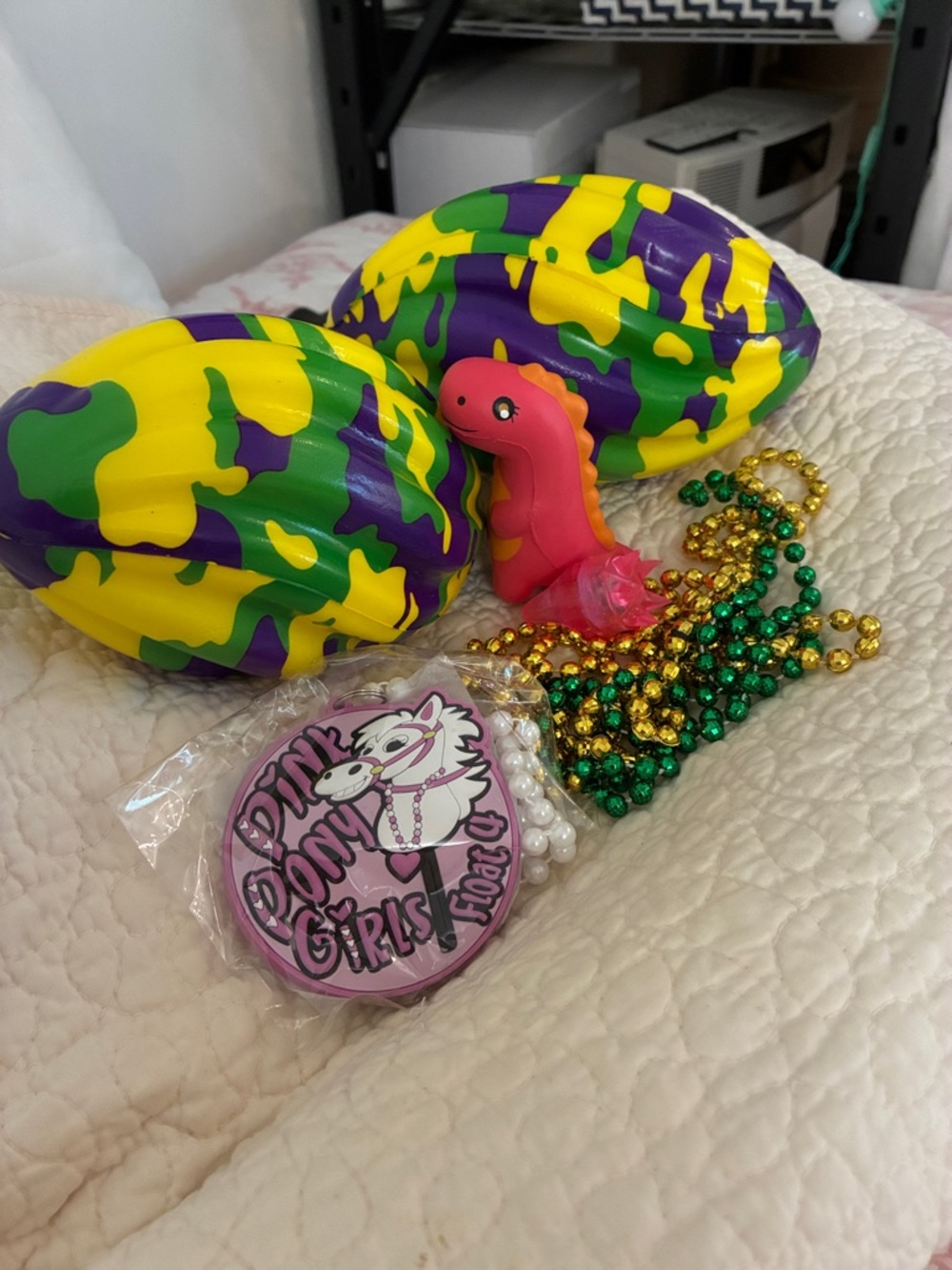 Mardi Gras loot Yellow, Purple & Green Balls with squish Dino & light up ring